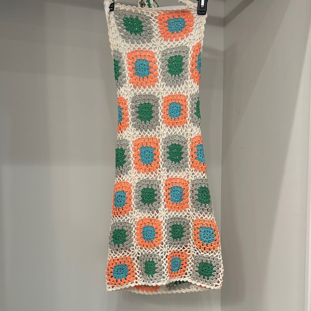 Pink Lily Crochet Square Pattern Midi Dress in Cream, Orange, Teal & Green